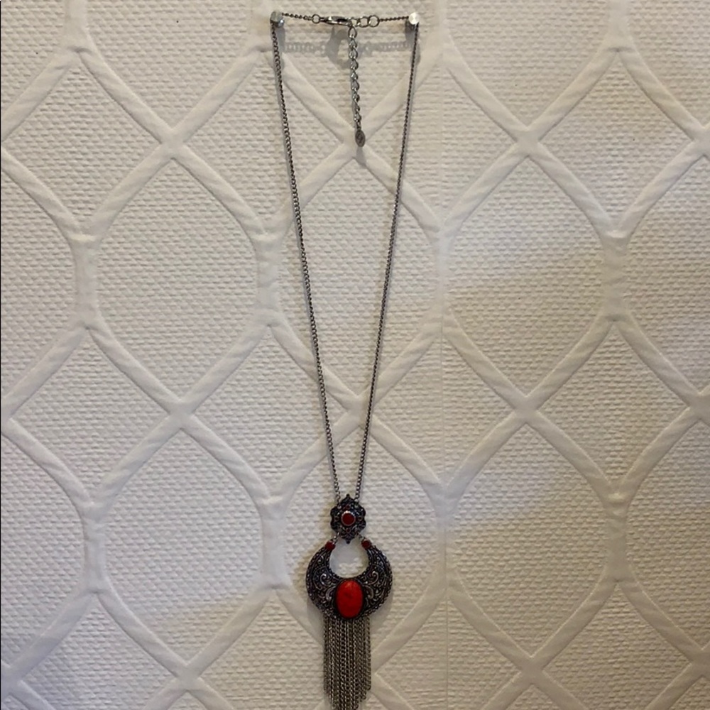 Fun Red Stone & Silver Long chain necklace - Picture 2 of 2